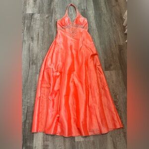 Halter-Neck Coral Prom Dress with Beaded Waist